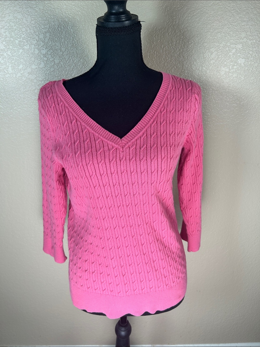 Talbots Pink 100% Pima Cotton Cable Knit V-Neck Sweater Size Large